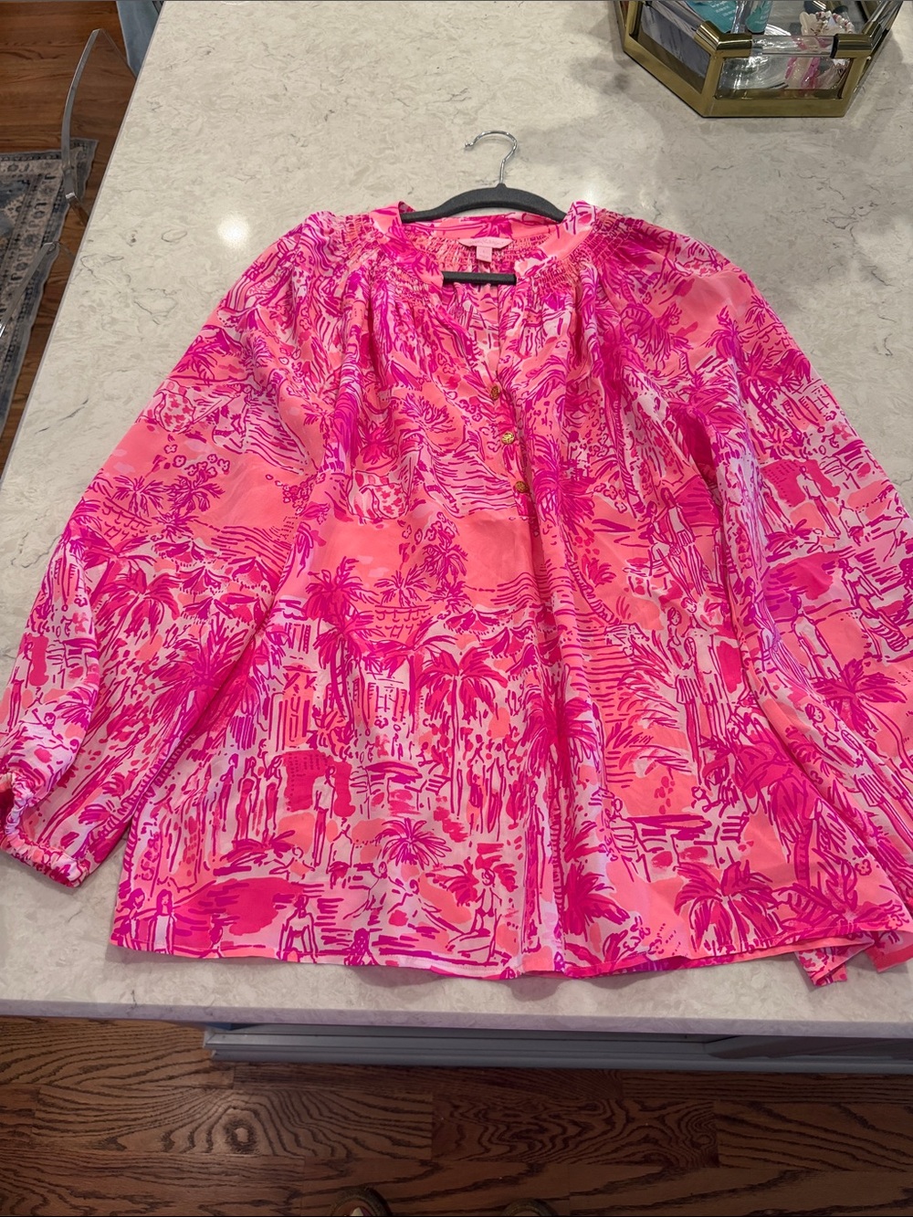 Lilly Pulitzer Hot Pink & Coral Tropical Peasant Blouse